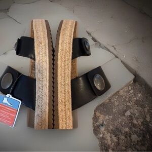 Aetrex Black Wedge Sandals with Silver Accents